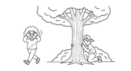 Kids Playing Hide and Seek Three D Animation Style Fun Outdoor Game Coloringのイラスト素材