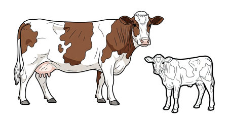 Asian Cow Coloring Page with Detailed Colored and Clear Outline Calf Illustration for Kidsのイラスト素材