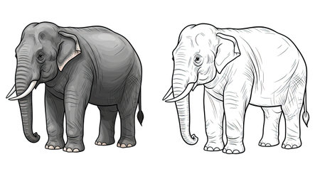 Asian Elephant Coloring Page with Realistic Colored and Detailed Outline Animal Artのイラスト素材