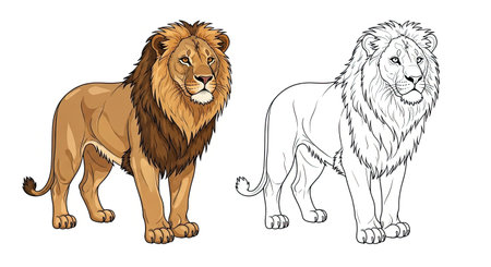 Asiatic Lion Coloring Page with Full Color and Detailed Outline Illustrations for Kidsのイラスト素材