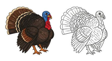 Asian Turkey Coloring Page with Realistic Colored and Detailed Outline Bird Illustrationsのイラスト素材