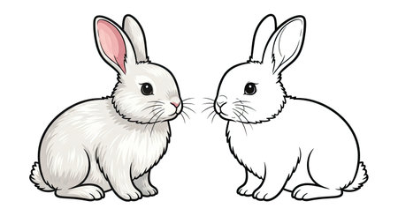 Asian Rabbit Coloring Sheet Featuring Full Color and Clean Line Art for Young Animal Loversのイラスト素材