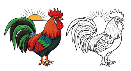 Asian Rooster Coloring Page with Detailed Colored and Clear Outline Bird Illustrationのイラスト素材