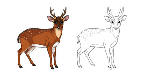 Indian Muntjac Coloring Page Presenting Colored and Outline Deer Illustrationsのイラスト素材
