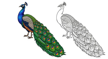 Indian Peacock Coloring Page Presenting Colored and Outline Bird Illustrationsのイラスト素材