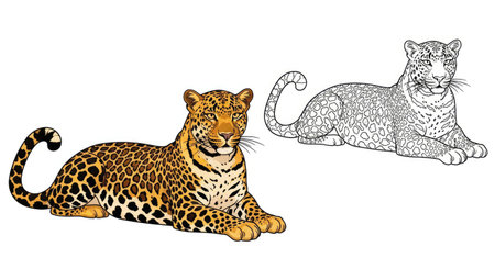 Indian Leopard Coloring Page Featuring Colored and Outline Animal Illustrationsのイラスト素材