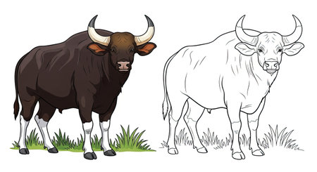 Indian Gaur Coloring Page Featuring Full Color and Outline Bulls for Educational Artのイラスト素材