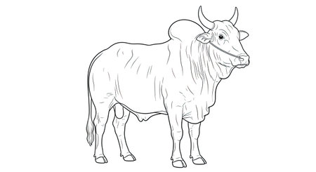 Powerful Hairy Asian Zebu Bull Detailed Coloring Page for Adults and Farm Animal Artのイラスト素材