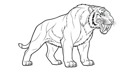 Dynamic Powerful Saber-Toothed Tiger Ancient Predator Coloring Page for Adult Art Activityのイラスト素材