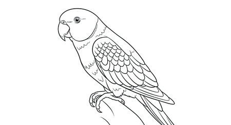 Lively Playful Indian Parakeet Perched Intricate Coloring Page for Adult Avian Enthusiastsのイラスト素材