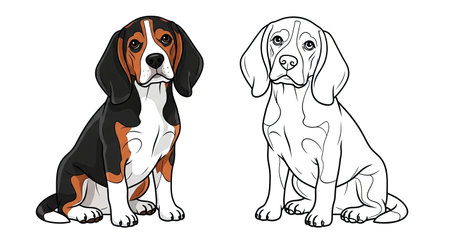 Beagle Coloring Page with Full Color and Outline Dog Duo for Kids and Adults Funのイラスト素材