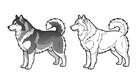 Alaskan Malamute Coloring Page Featuring Detailed Full Color and Clean Outline Versionのイラスト素材