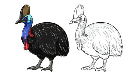 Cassowary Coloring Page Featuring Detailed Full Color and Crisp Outline Art Designのイラスト素材