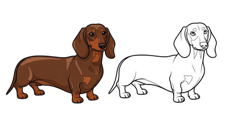 Dachshund Coloring Page Featuring Detailed Full Color and Clean Outline Versionのイラスト素材