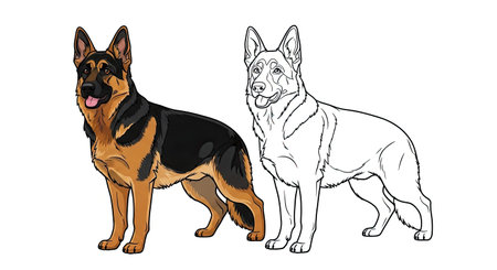 German Shepherd Coloring Page with Full Color and Outline Dog for Creative Playのイラスト素材