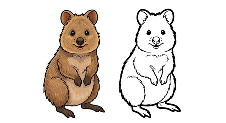 Quokka Coloring Page Featuring Detailed Full Color and Clean Outline Version Designのイラスト素材