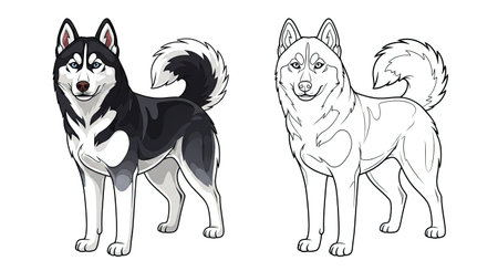 Siberian Husky Coloring Page with Full Color and Outline Pair for Creative Funのイラスト素材