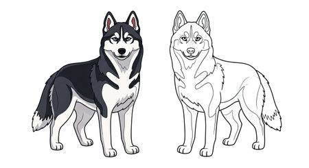 Siberian Husky Coloring Page Featuring Detailed Full Color and Crisp Outline Artのイラスト素材