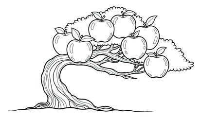 Unique Apple Bonsai Tree in Low-Wide Pot Adult Stress Relief Coloring Book Pageのイラスト素材