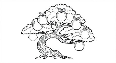 Detailed Apple Bonsai Tree in Low-Wide Pot Relaxing Adult Coloring Page Designのイラスト素材