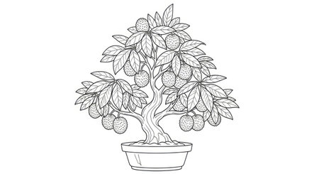 Lychee Bonsai Tree in Stylized Pot Adult Coloring Page Detailed Horticultural Designのイラスト素材