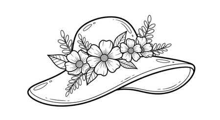 Charming Spring Hat with Flowers Coloring Page for Adults Seasonal Fashion Artのイラスト素材