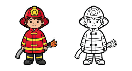 Child Firefighter Coloring Page with Colored and Outline Figures Heroic Rescue Funのイラスト素材