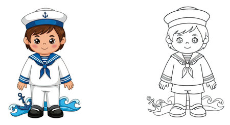 Child Sailor Coloring Page Printable Nautical Activity Outline and Colored Outfitsのイラスト素材
