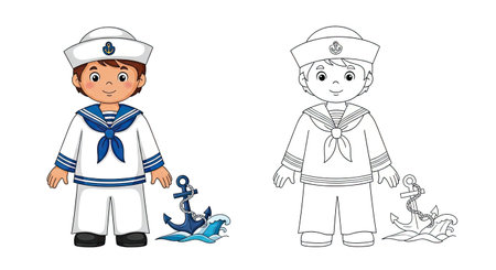 Child Sailor Coloring Page with Colored and Outline Outfits Nautical Adventure Themeのイラスト素材
