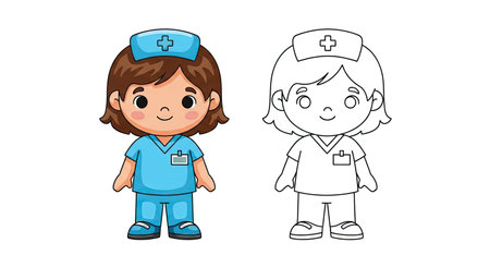 Child Nurse Coloring Page Printable Healthcare Activity Outline and Colored Uniformsのイラスト素材
