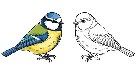 Eurasian Blue Tit Coloring Page with Realistic and Outline Birds Garden Bird Art Activityのイラスト素材