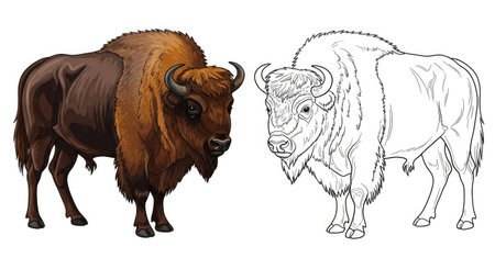 European Bison Coloring Page Featuring Realistic Colored and Clear Outline Wildlife Designのイラスト素材
