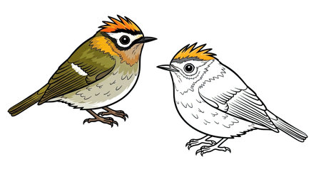 Firecrest Bird Coloring Page with Colored and Outline Versions Tiny Forest Birds Artのイラスト素材
