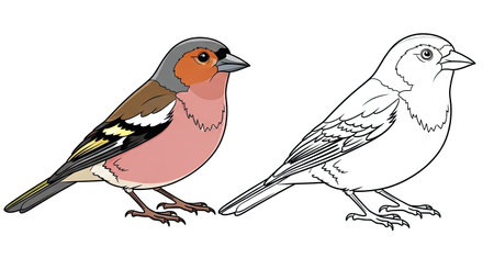 Common Chaffinch Coloring Page with One Colored and One Outline Bird Garden Bird Artのイラスト素材
