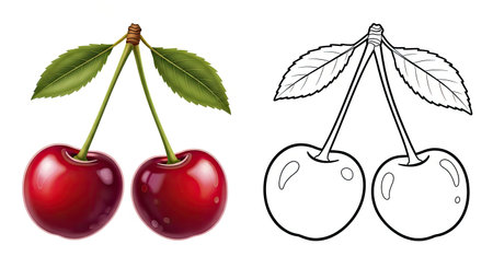 Cherries Coloring Page with Full Color and Outline Berry Art Educational Kids Activityのイラスト素材