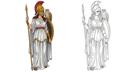 Athena Greek Goddess Coloring Page with Colored and Outline Figures Mythology Artのイラスト素材