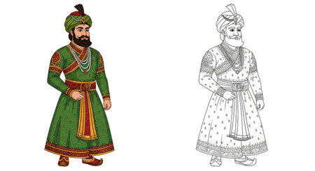 Legendary Emperor Akbar the Great Coloring Page Full Color and Crisp Outline Figures