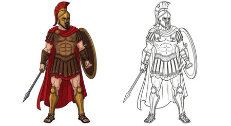 King Leonidas Coloring Page Legendary Spartan Ruler in Color and Outline Artのイラスト素材