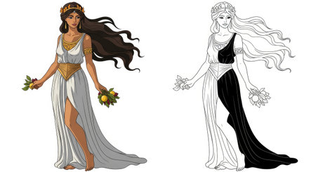 Persephone Queen of the Underworld Coloring Page Mythical Figure in Dual Stylesのイラスト素材