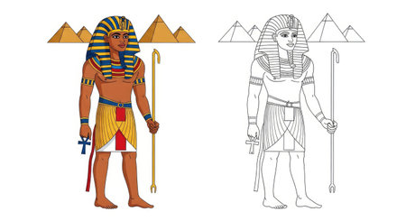 Pharaoh Ramses the Great Coloring Page Iconic Egyptian Monarch in Color and Outlineのイラスト素材