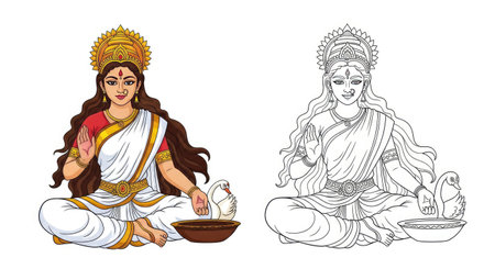 Saraswati Hindu Goddess Coloring Page Iconic Deity in Color and Outline Artworkのイラスト素材