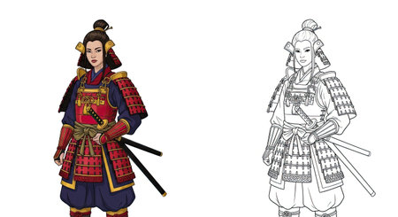 Samurai Woman Coloring Page Ancient Warrior in Colored and Outline Figures Japanのイラスト素材