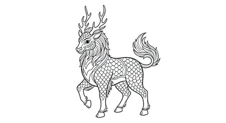 Chinese Qilin Standing Mythical Beast Intricate Adult Coloring Page Folklore Legend Artのイラスト素材