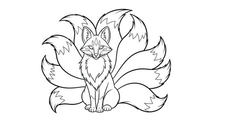 Mystical Kitsune Nine Tails Sitting Adult Coloring Page Japanese Mythology Artのイラスト素材