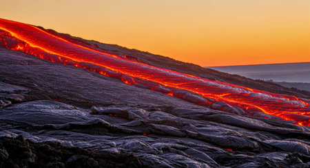 Flowing Lava Across a Steep Incline with Ripple Marks and a Vibrant Color Gradientの写真素材