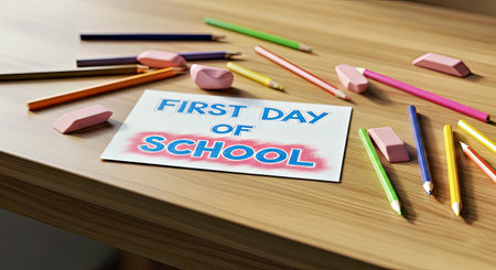 Handwritten First Day of School Sign with Pencils and School Supplies on a Wooden Deskの写真素材