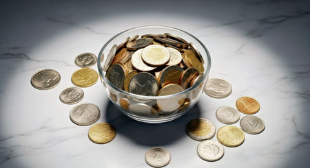 Glass Bowl Full of Mixed International Coins on Smooth Marble Countertop Bankingの写真素材