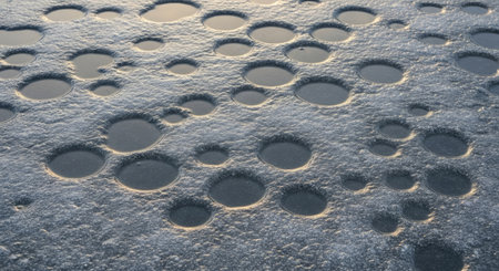 Melting Ice Surface Texture with Water Pockets and Reflective Pits