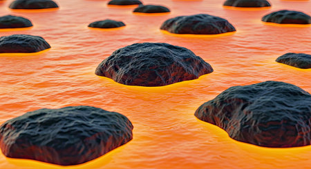 Molten Lava with Floating Semi-Solid Rock Chunks in a Bright Orange Matrix