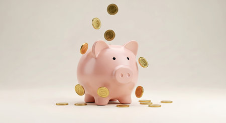 Classic Piggy Bank Surrounded by Falling Coins on a Solid Neutral Backgroundの写真素材